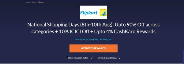 Flipkart National Shopping Days- Upto 90% Off across categories + Upto 4% CashKaro Rewards+ 10% ICICI Off 2